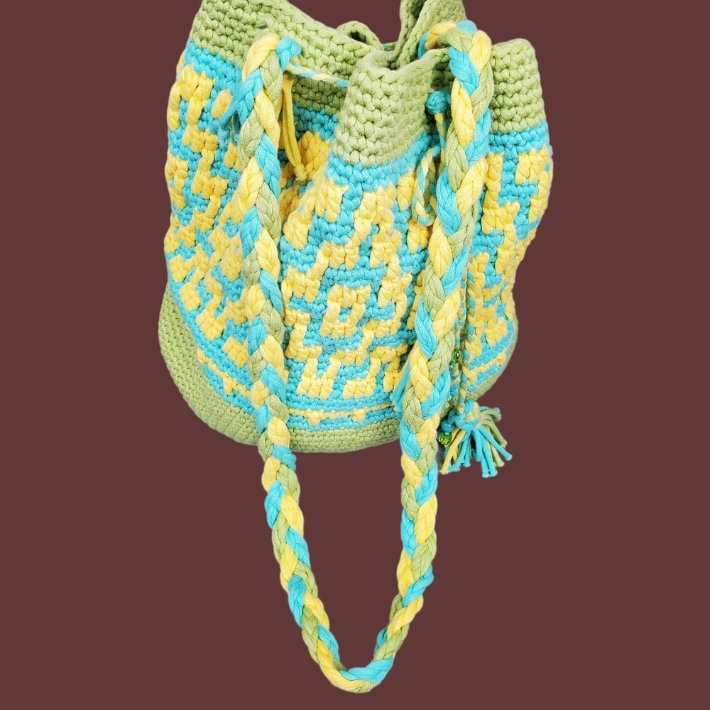 Blue Green Yellow Multicolor Crochet Bucket Bag Size OS - Picture 7 of 12